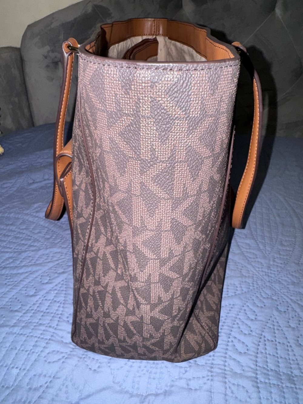 Michael Kors Brown/Tan MK Monogram Tote with Front Pocket - Picture 4 of 10